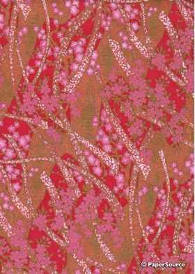 Japanese Chiyogami | Floral 06, Pink Blossoms on Red background with Gold Ribbons of White blossoms and Gold highlights. An A4 Washi Yuzen Handmade Paper | PaperSource