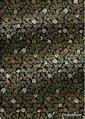 Japanese Chiyogami | Floral 48, Green Vine with small Blossoms on a Black background. An A4 Washi Yuzen Handmade Paper | PaperSource
