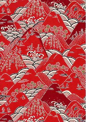 Katazome | Landscape 01, Small Sheet, Japanese handmade, hand stencilled printed paper with a pattern of red hills, cherry blossoms, waves and swirls in red, black and white | PaperSource
