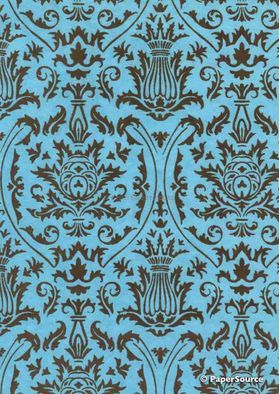 Suede Regal | Chocolate Brown Flocked damask design on Pastel Blue Matte Cotton, Handmade, Recycled A4 Paper | PaperSource