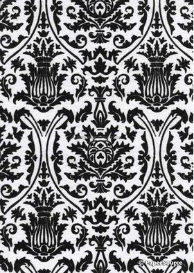 Suede Regal | Black Flocked damask design on White Cotton Matte Handmade, Recycled A4 Paper | PaperSource