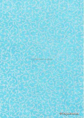 Suede Rococo | White Flocked Swirl design on Aqua Blue Cotton, Handmade, Recycled A4 Paper | PaperSource