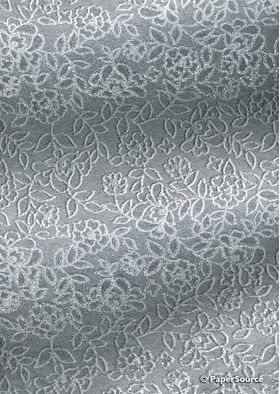 Chiffon Print | Spring Silver Chiffon with White and Silver Floral pattern outlined in Silver Glitter, A4 - curled on dark background | PaperSource