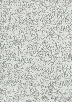 Chiffon Print | Spring Silver Chiffon with White and Silver Floral pattern outlined in Silver Glitter, A4 - curled | PaperSource